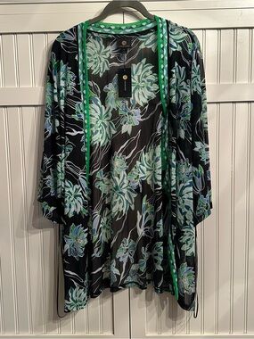 JM Collection Black Sheer Floral Duster with Green and Aqua Accents